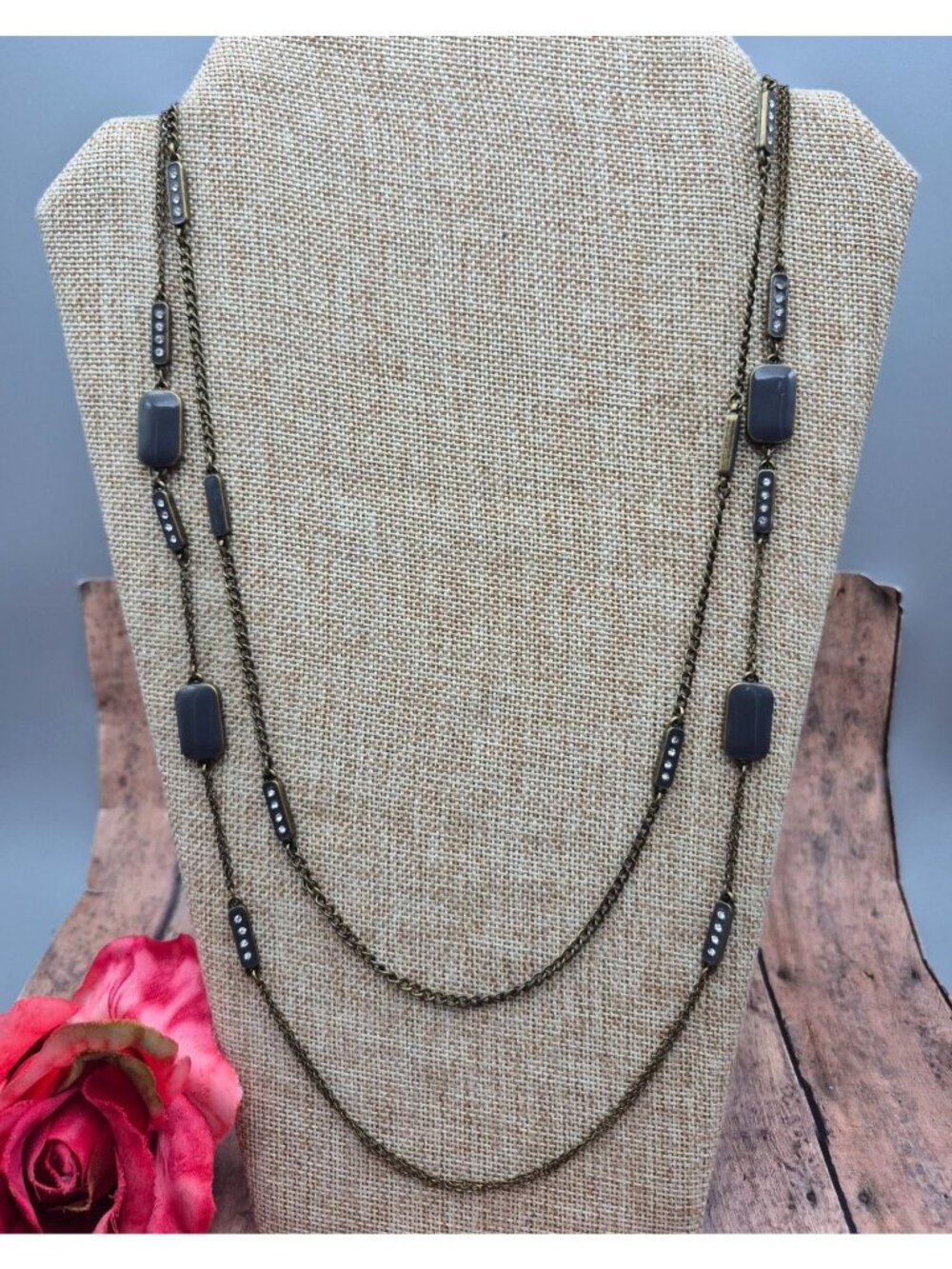 LOFT Black & Gray Double Chain Gun Metal, Enamel & Crystal Station Necklace 32"